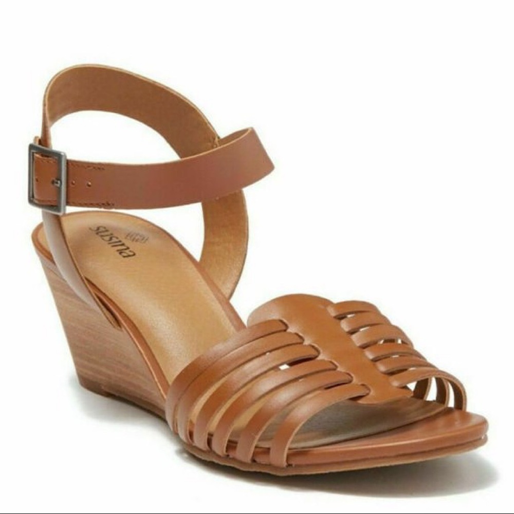 NEW Susina Terra-Lea Cognac Leather Wedge Strappy Open Toe Sandals Brown